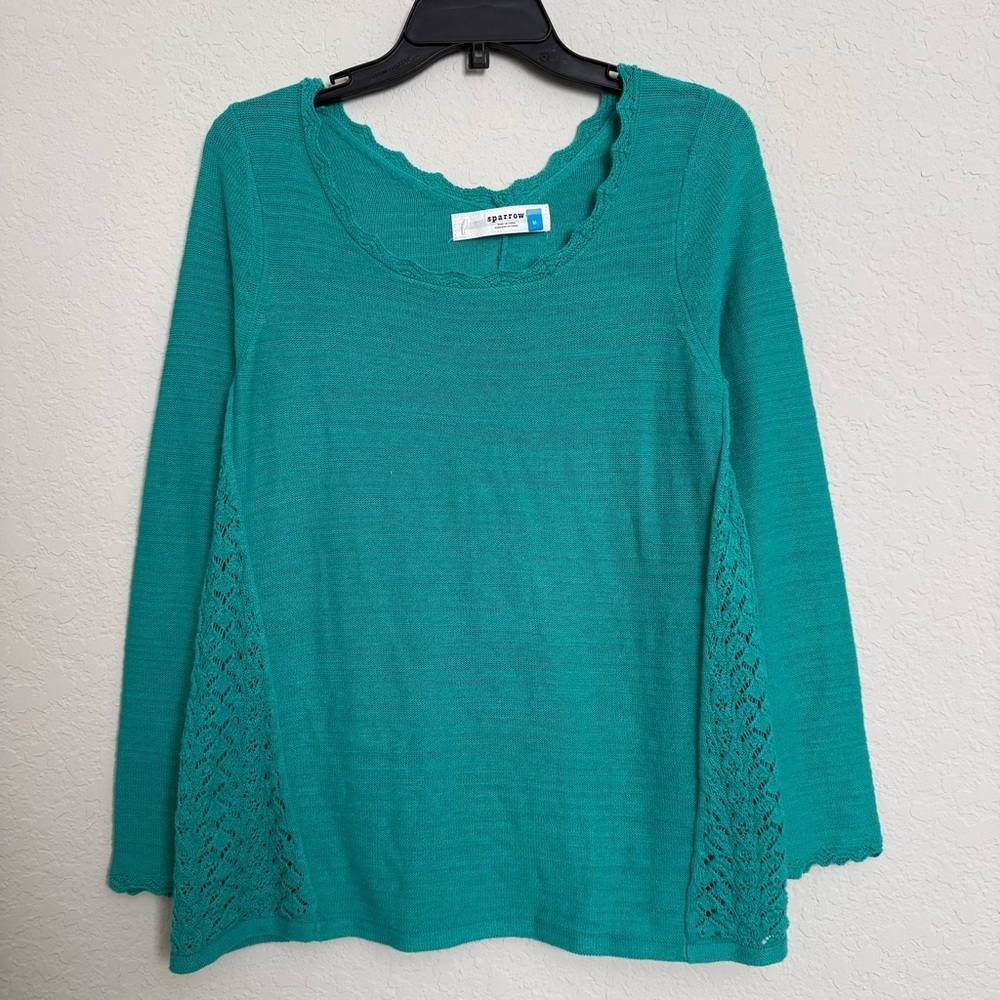 Anthropologie Sparrow Turquoise Crochet Knit Sweater Size Medium Boho Preppy